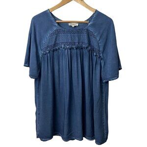 Temperance Boho T-Shirt Top Womens L Blue Crochet Blouse Tassel Lace Fringe EUC